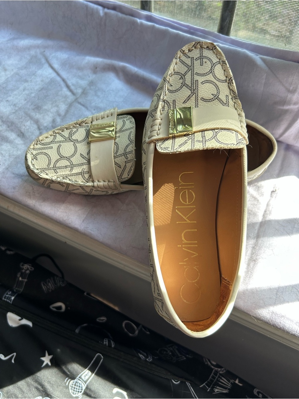 Calvin Klein Cream Logo-Print Loafers with Gold Buckle
